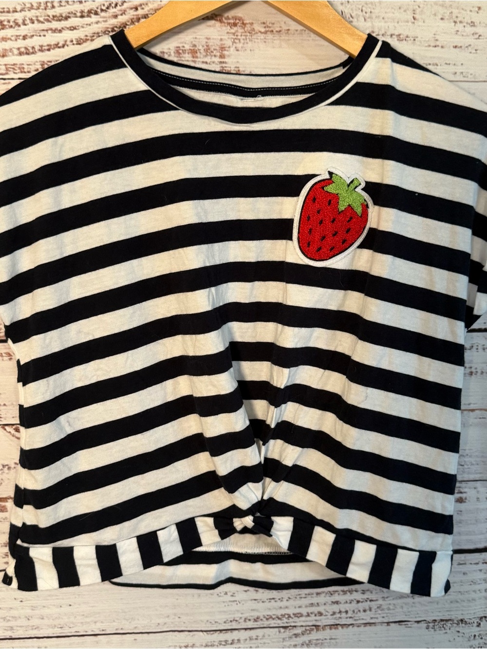 Girls XL Black White Striped Knot Front Strawberry Patch Tee Short Sleeve Top